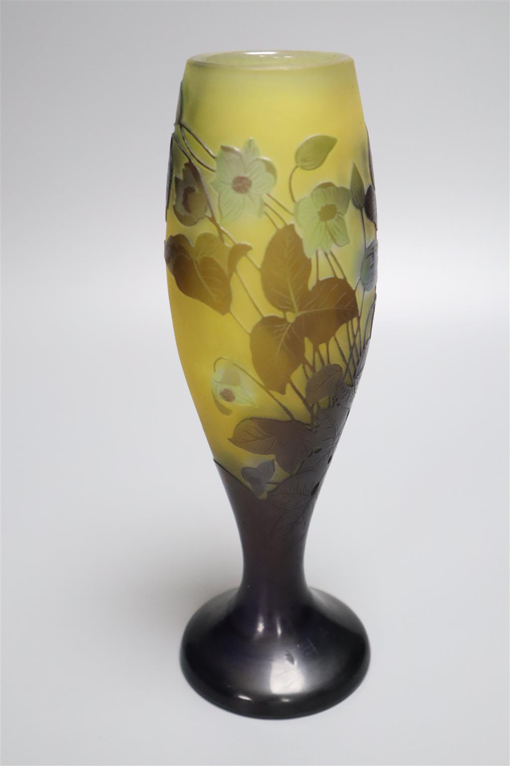 A Galle style cameo glass vase, acid etched floral design with engraving, 24cm